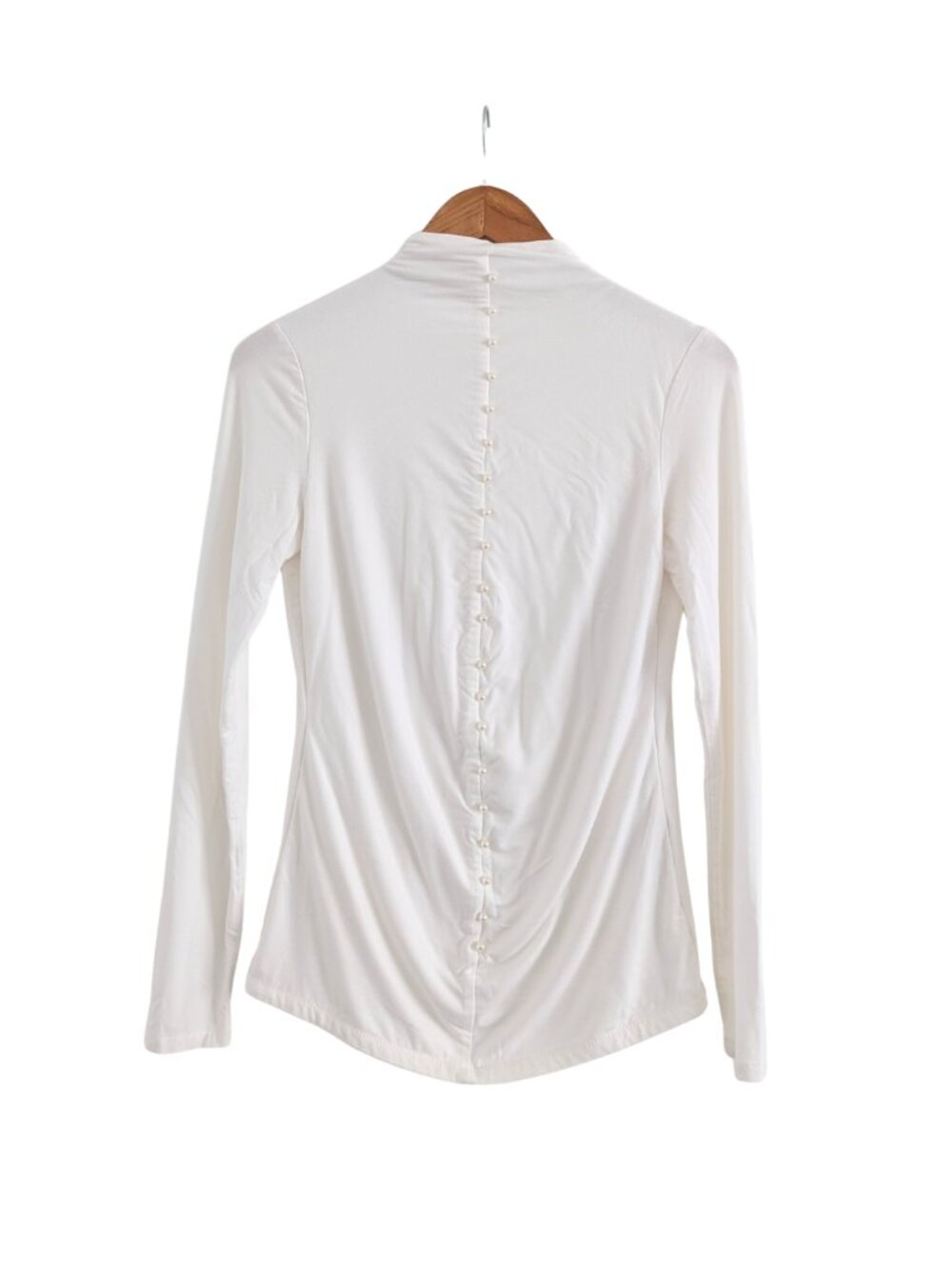 Elie Tahari Ivory Ruched Mock Neck Stretch Knit Top Pearl Detail XS - Picture 5 of 7